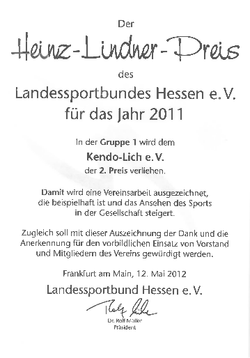 2. Platz für Kendo-Lich e.V. – Heinz Lindner Preis 2011